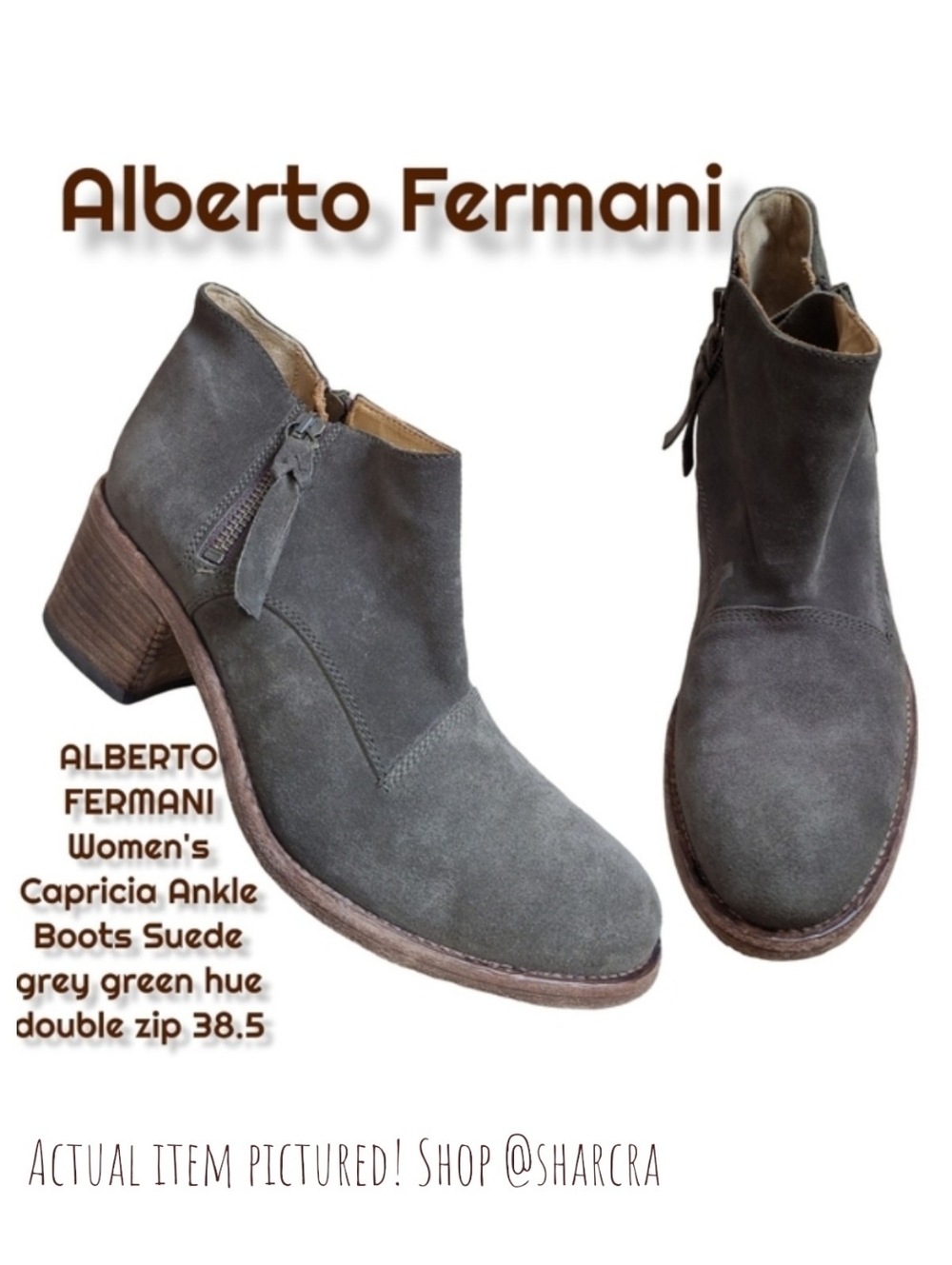 Alberto Fermani Women Capricia Suede Double Zip Ankle Boots Grey Green 7.5